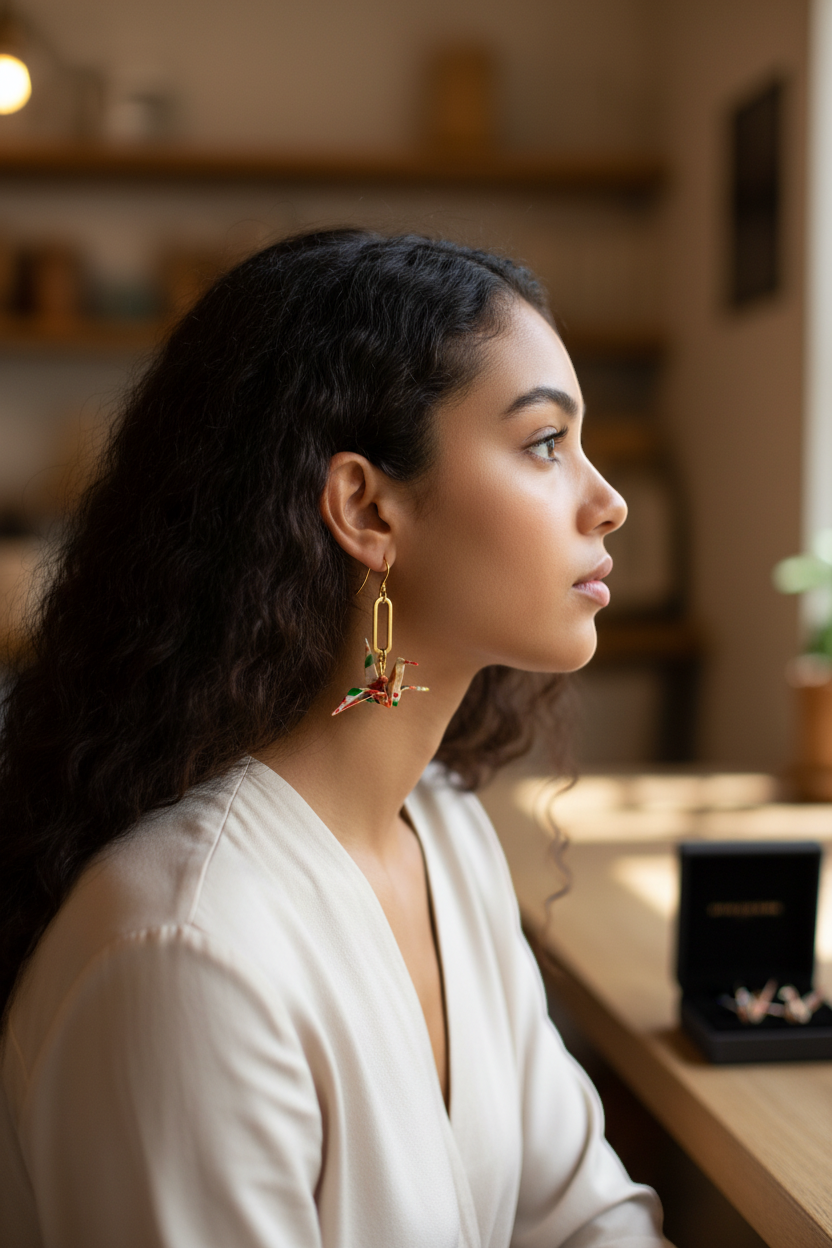Butter Moon Creations, LLCHandmade Japanese Washi paper origami crane earrings with gold paperclip links, featuring colorful patterns.