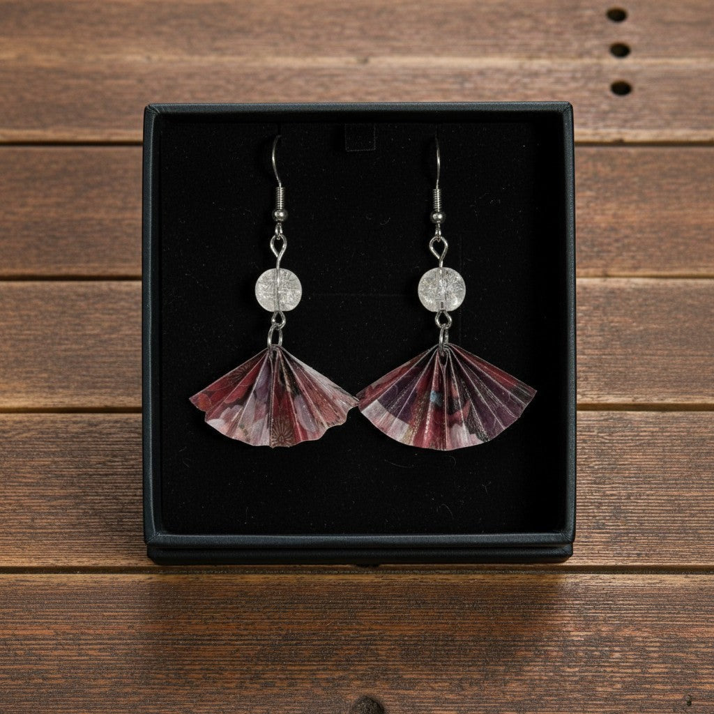 Butter Moon Creations LLc origami fan earrings with beads, red and purple paper, silver beads.