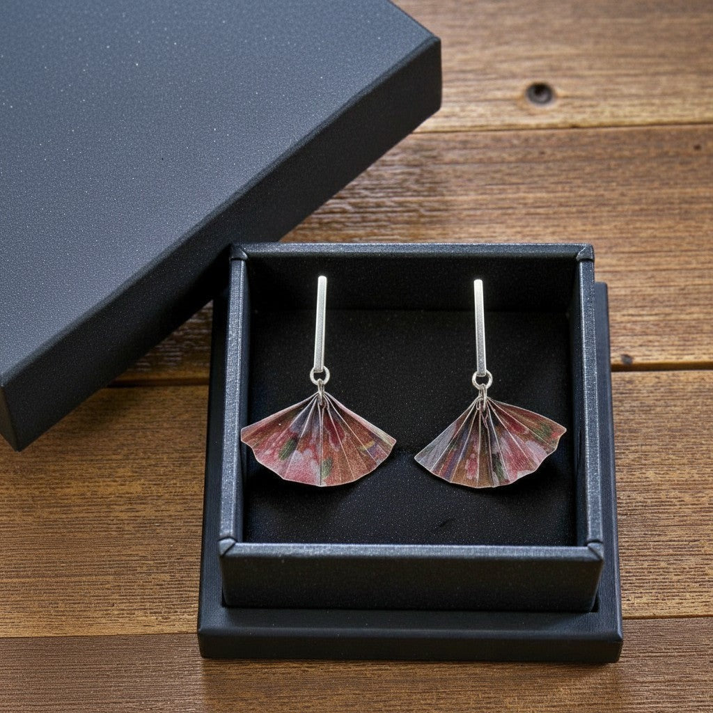 Butter Moon Creations, LLC pink, red, and green floral origami fan dangle earrings with silver-tone hooks.