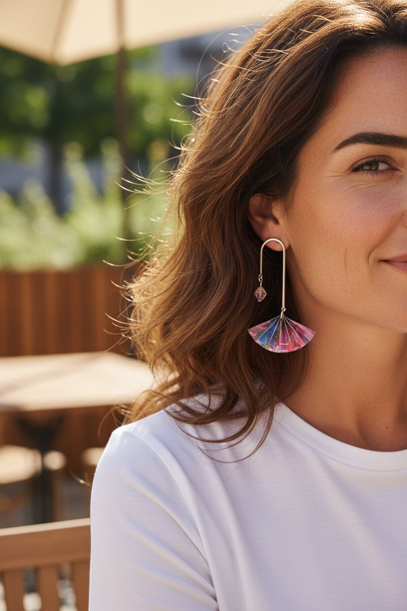Butter Moon Creations LLc origami fan earrings with pink, blue, green floral pattern and pink crystal accent.