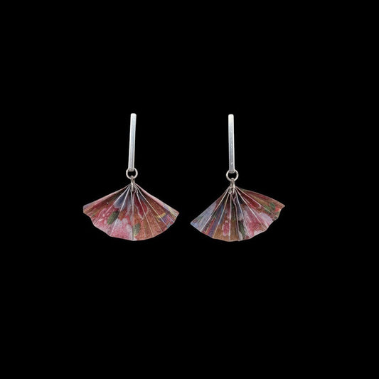 Butter Moon Creations, LLC pink, red, and green floral paper origami fan dangle earrings with silver-tone hooks.