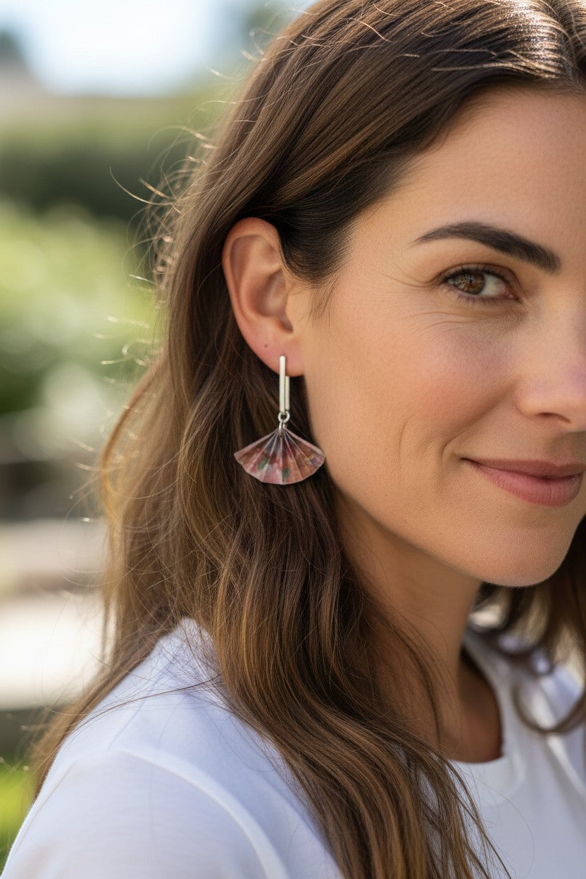 Butter Moon Creations, LLC pink, red, and green floral paper origami fan dangle earrings with silver-tone hooks.