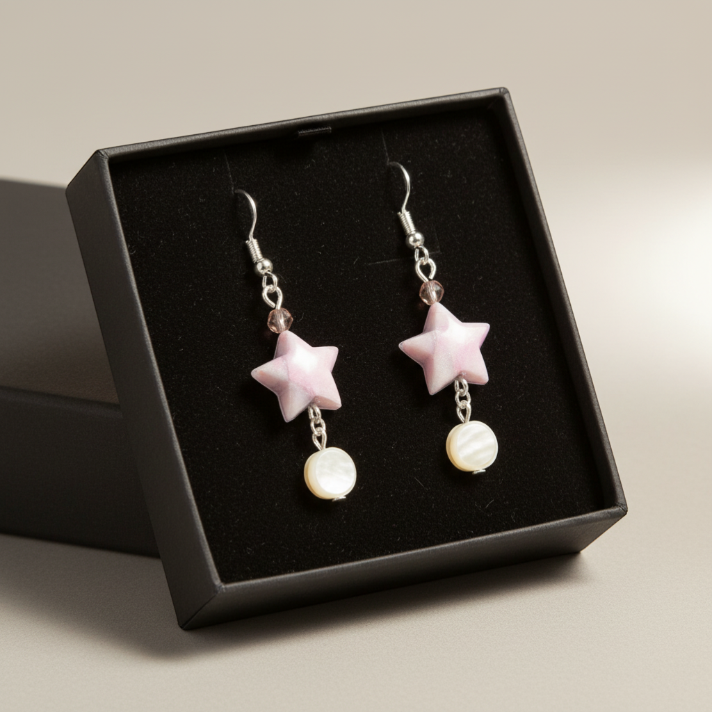 Butter Moon Creations pastel pink & blue washi paper lucky star earrings with mother of pearl & crystal accents.