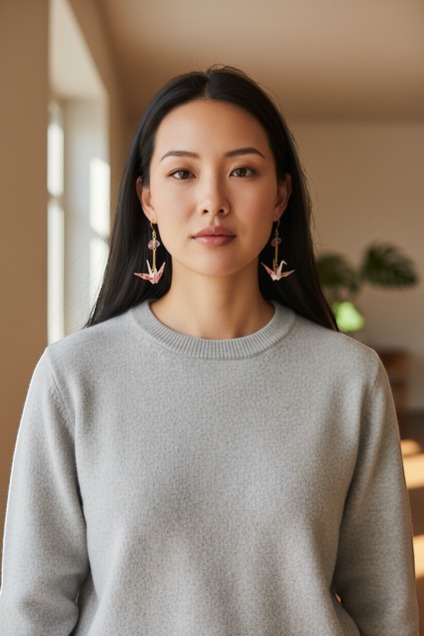 Butter Moon Creations, LLCHandmade pink floral washi paper origami crane earrings with rose quartz beads and gold chain.