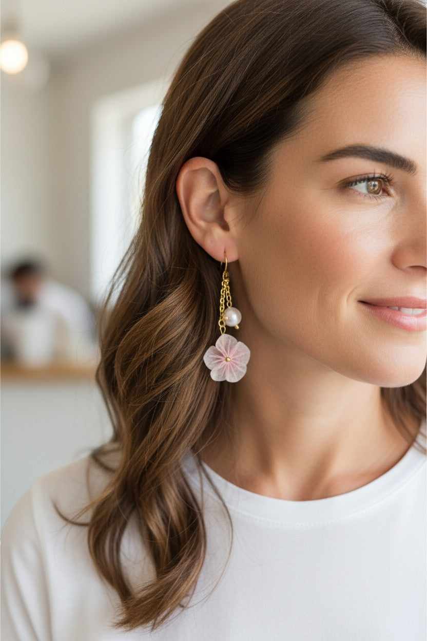 Butter Moon Creations, LLC gold-tone dangle earrings with faux pearl and soft pink fabric flower.