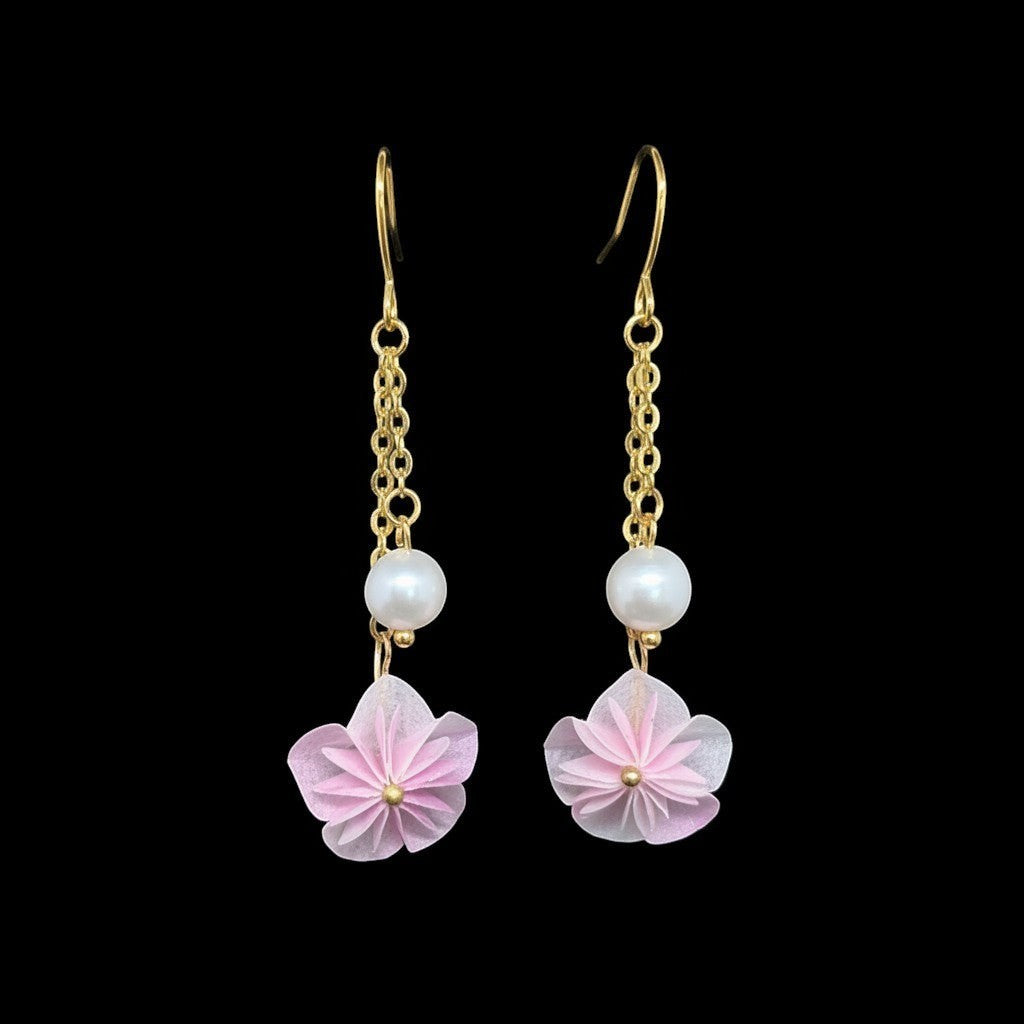 Butter Moon Creations, LLC gold-tone dangle earrings with faux pearls and delicate pink fabric flowers.