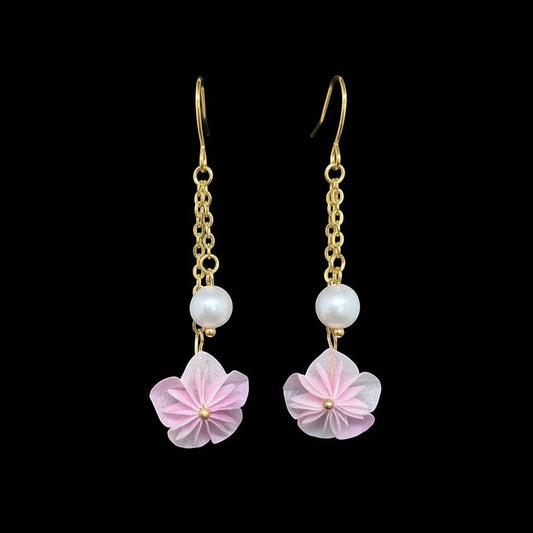 Butter Moon Creations, LLC gold-tone dangle earrings with faux pearls and delicate pink fabric flowers.