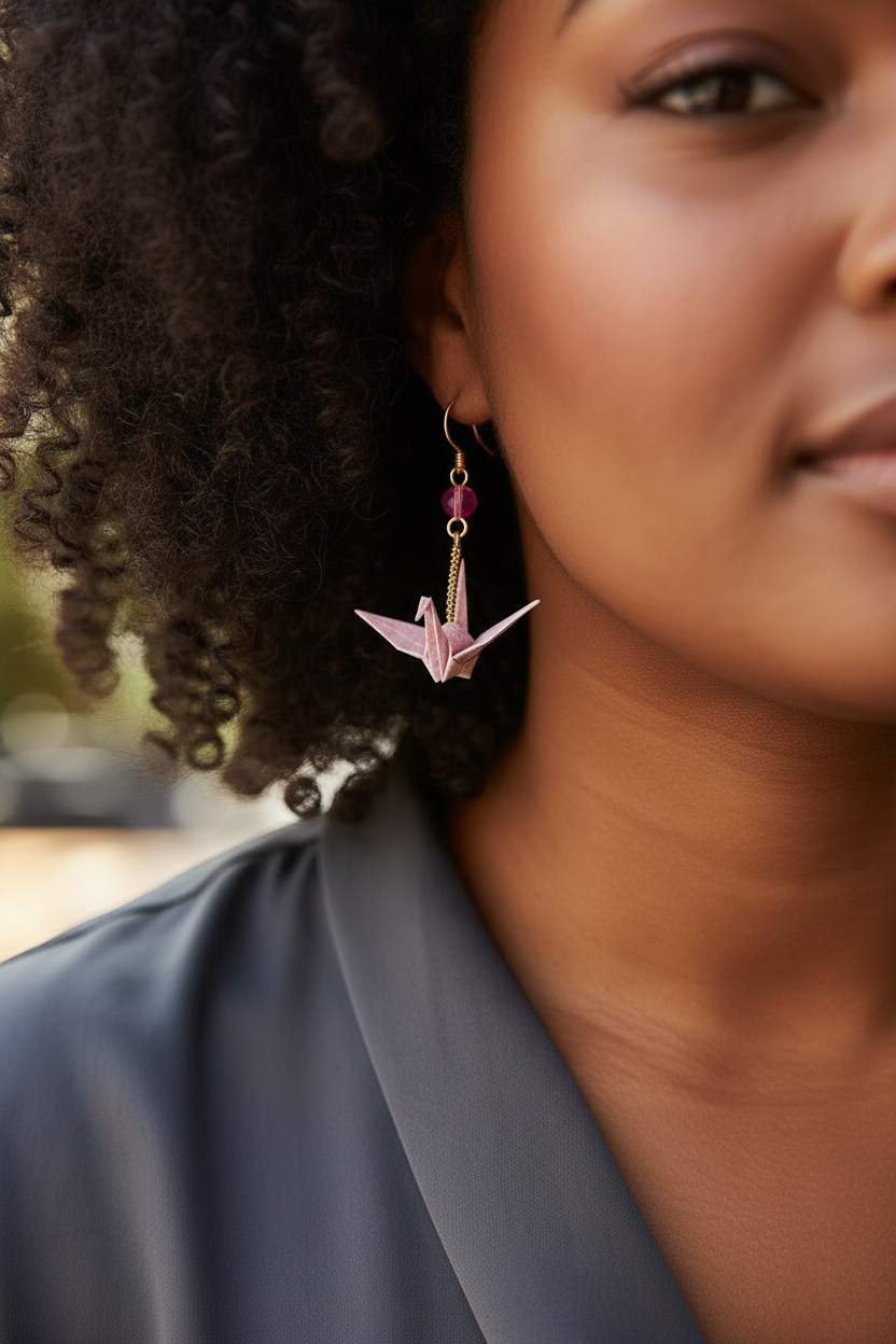 Butter Moon Creations, LLC pink and gold origami crane earrings made from Washi paper with crystal accents.