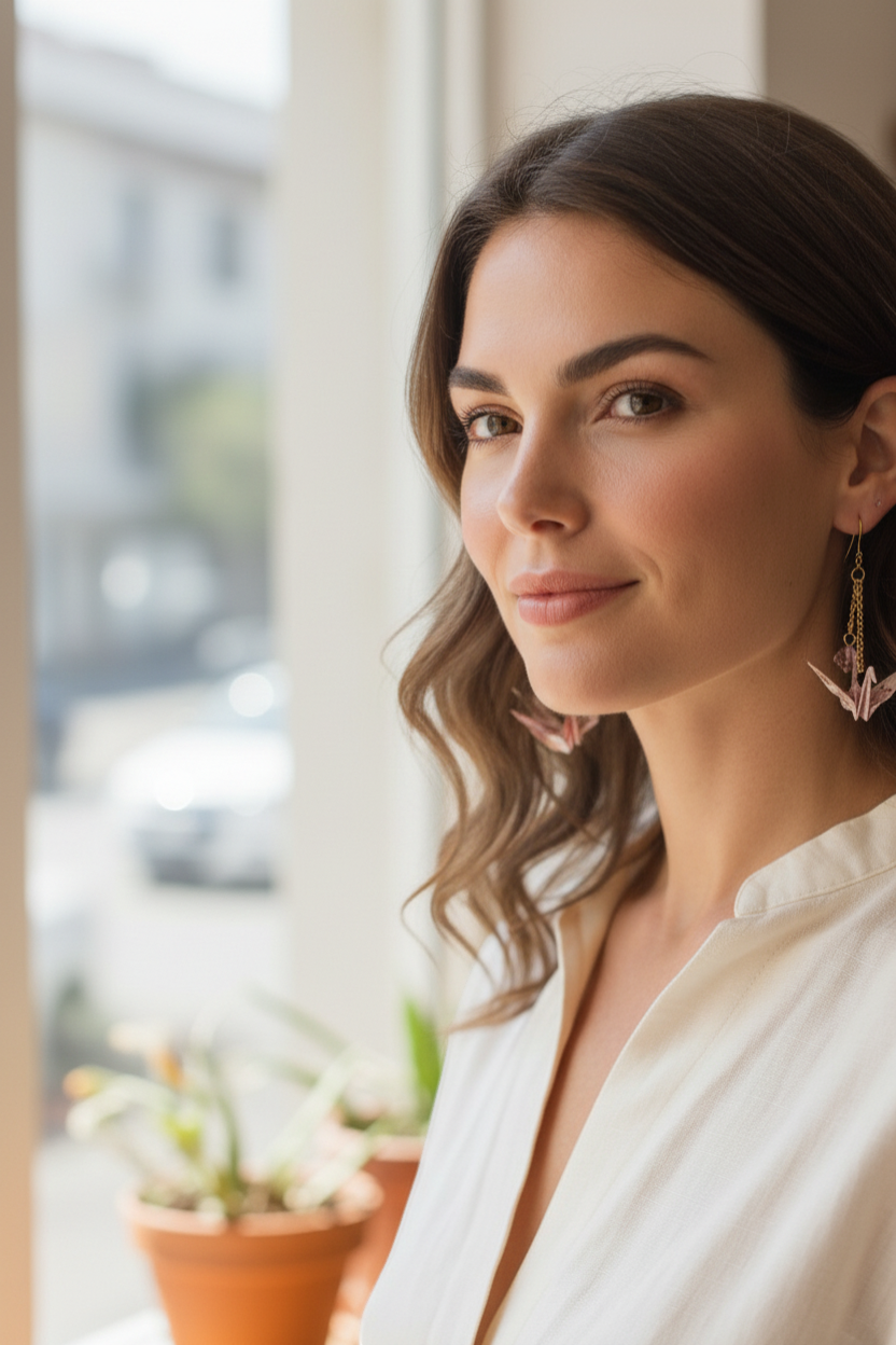 Butter Moon Creations, LLC handmade pink floral washi paper origami crane earrings with gold chain and rose crystal.