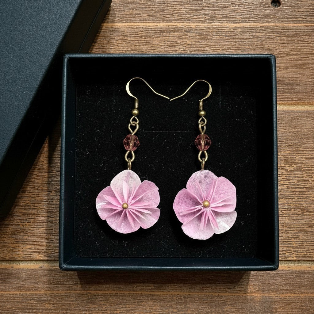 Butter Moon Creations, LLC handmade pink origami flower dangle earrings with rose beads and antique brass findings.