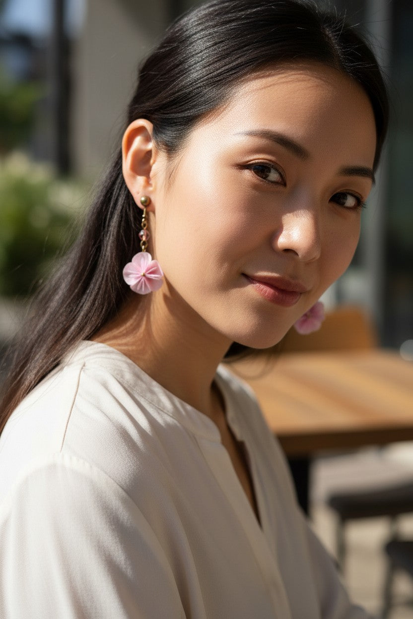 Butter Moon Creations, LLC handmade pink origami flower dangle earrings with rose beads and antique brass findings.