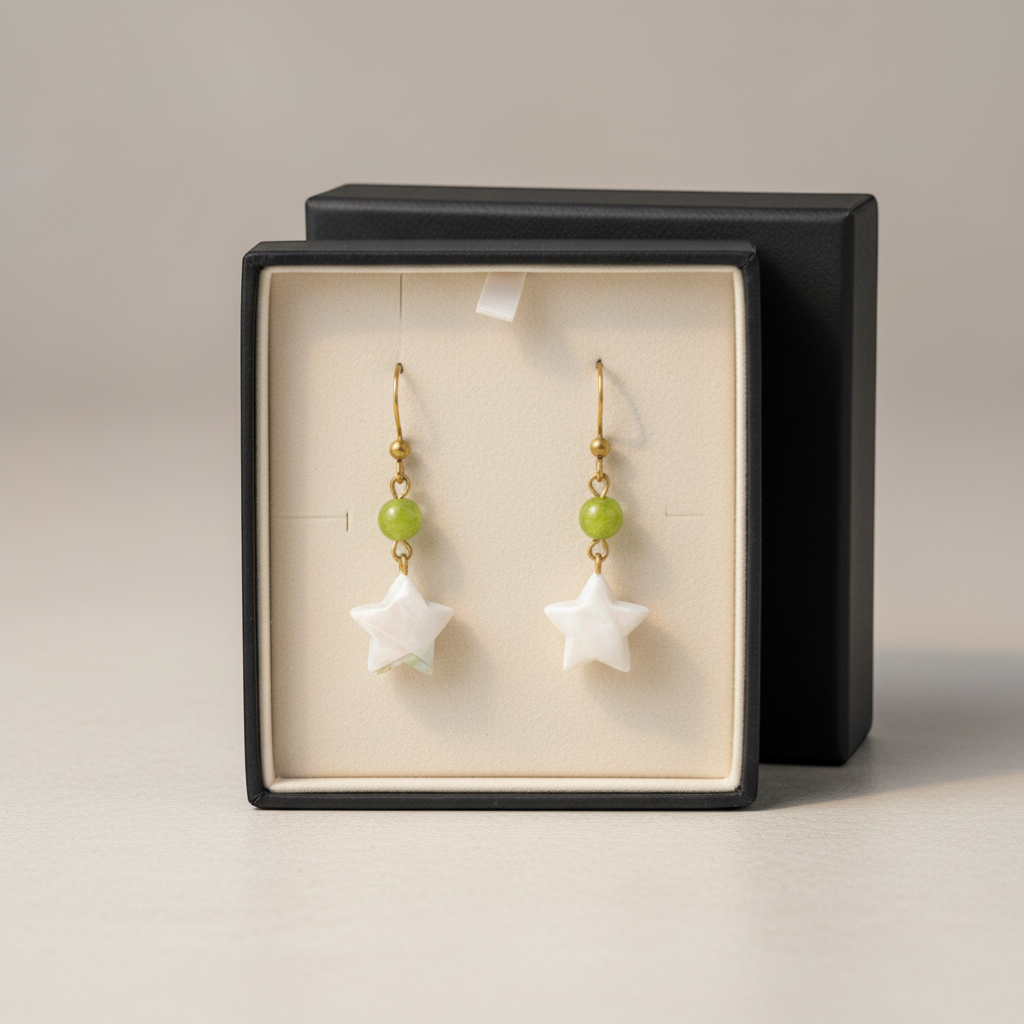 Butter Moon Creations LLCEarrings: Handmade Japanese Washi paper lucky stars with green aventurine-style beads and antique bronze dangles.