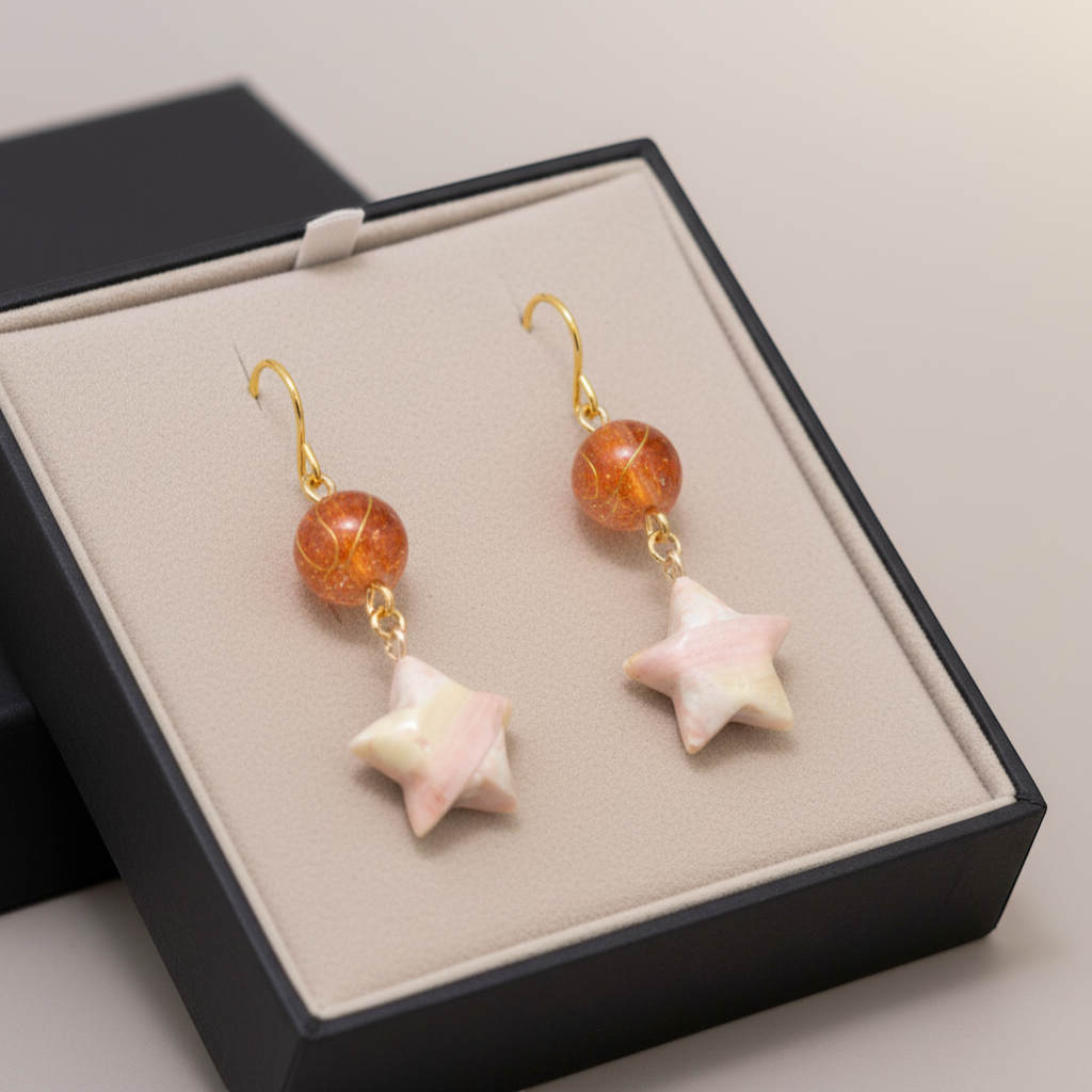Butter Moon Creations, LLCHandmade Japanese Washi paper star earrings with orange crackle glass beads and gold-tone hardware.