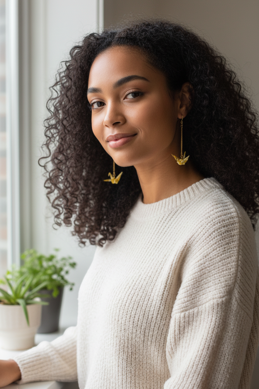Butter Moon Creations, LLCHandmade yellow washi paper origami crane dangle earrings with gold-tone hooks.