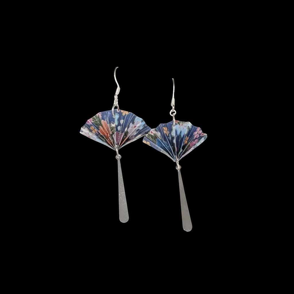 Butter Moon Creations LLCHandcrafted blue paper fan earrings with floral print, silver dangles, and hooks.