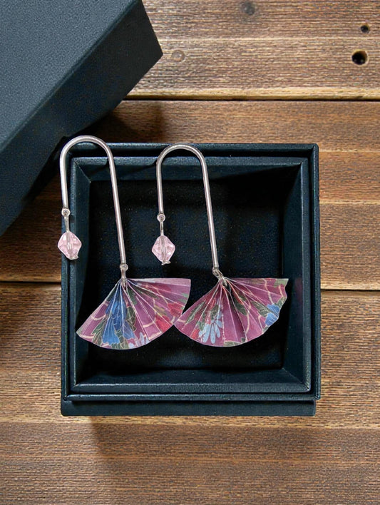 Butter Moon Creations, LLC pink, blue, and green floral origami fan earrings with silver hooks and pink crystal beads.