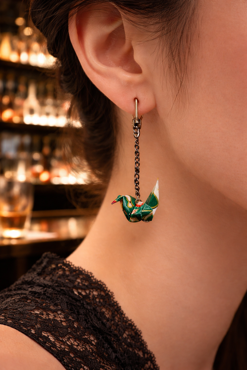 Green and bronze origami crane earrings