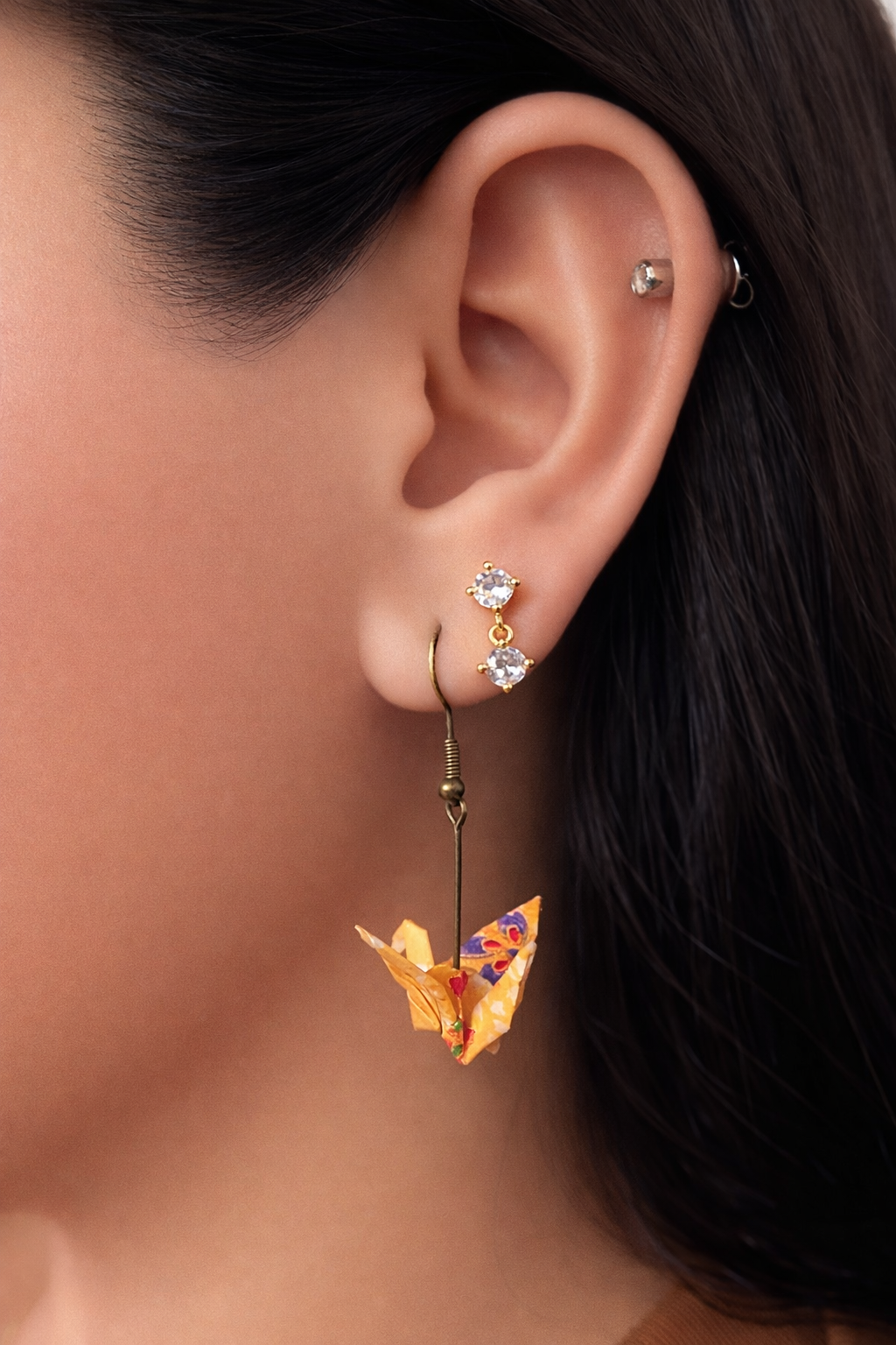 Yellow bronze origami crane earrings
