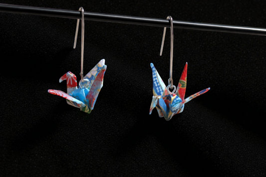 Blue origami crane earrings