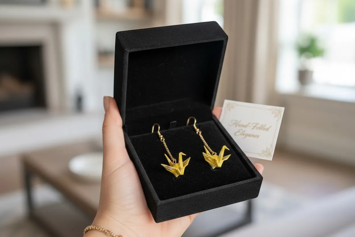 Handmade Yellow Origami Crane Earrings – Japanese Washi Paper Drop Earrings