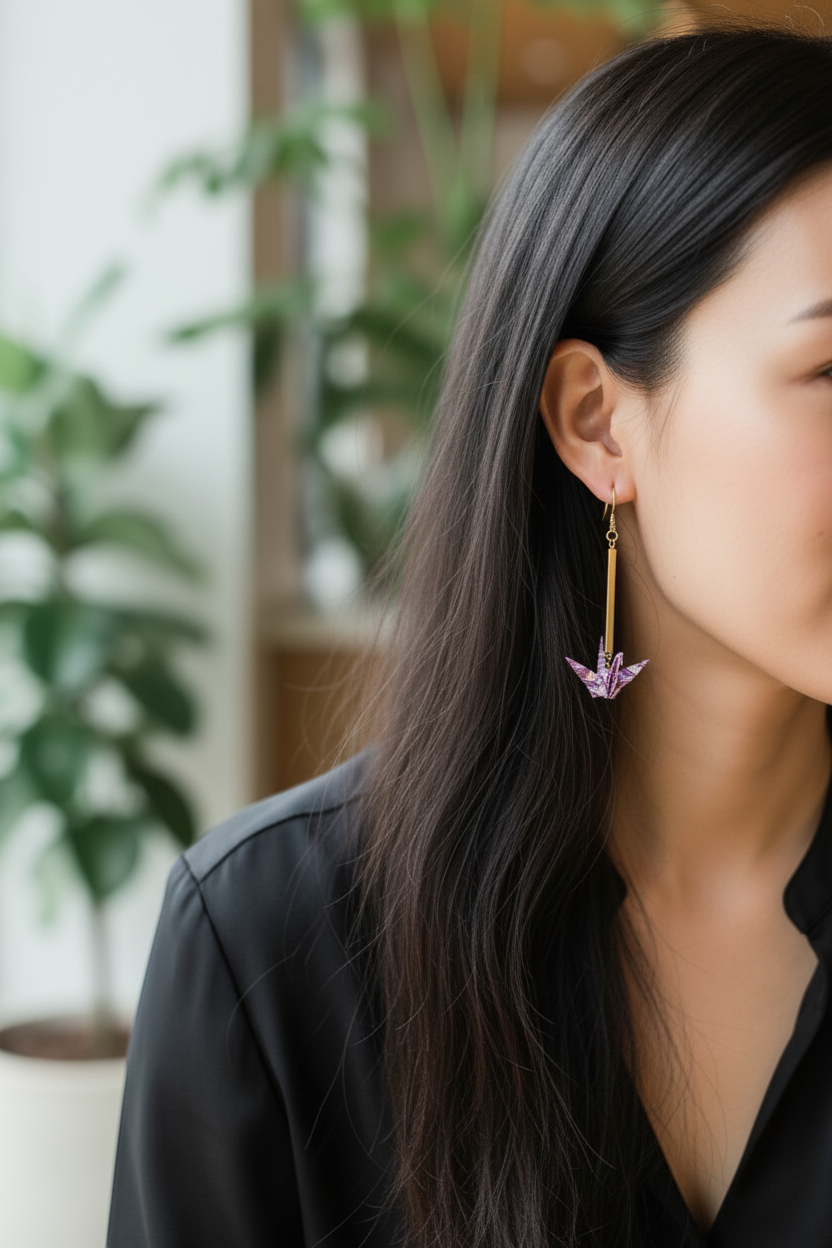 Handmade Japanese Washi Paper Origami Crane Drop Earrings – Purple & Gold Floral Dangle Jewelry