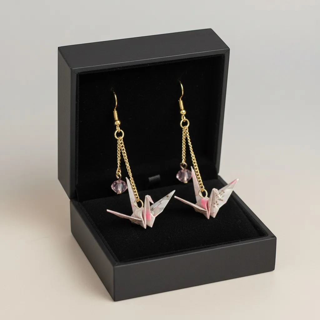 Handmade Pink Floral Washi Paper Origami Crane Earrings with Gold Chain and Rose Crystal