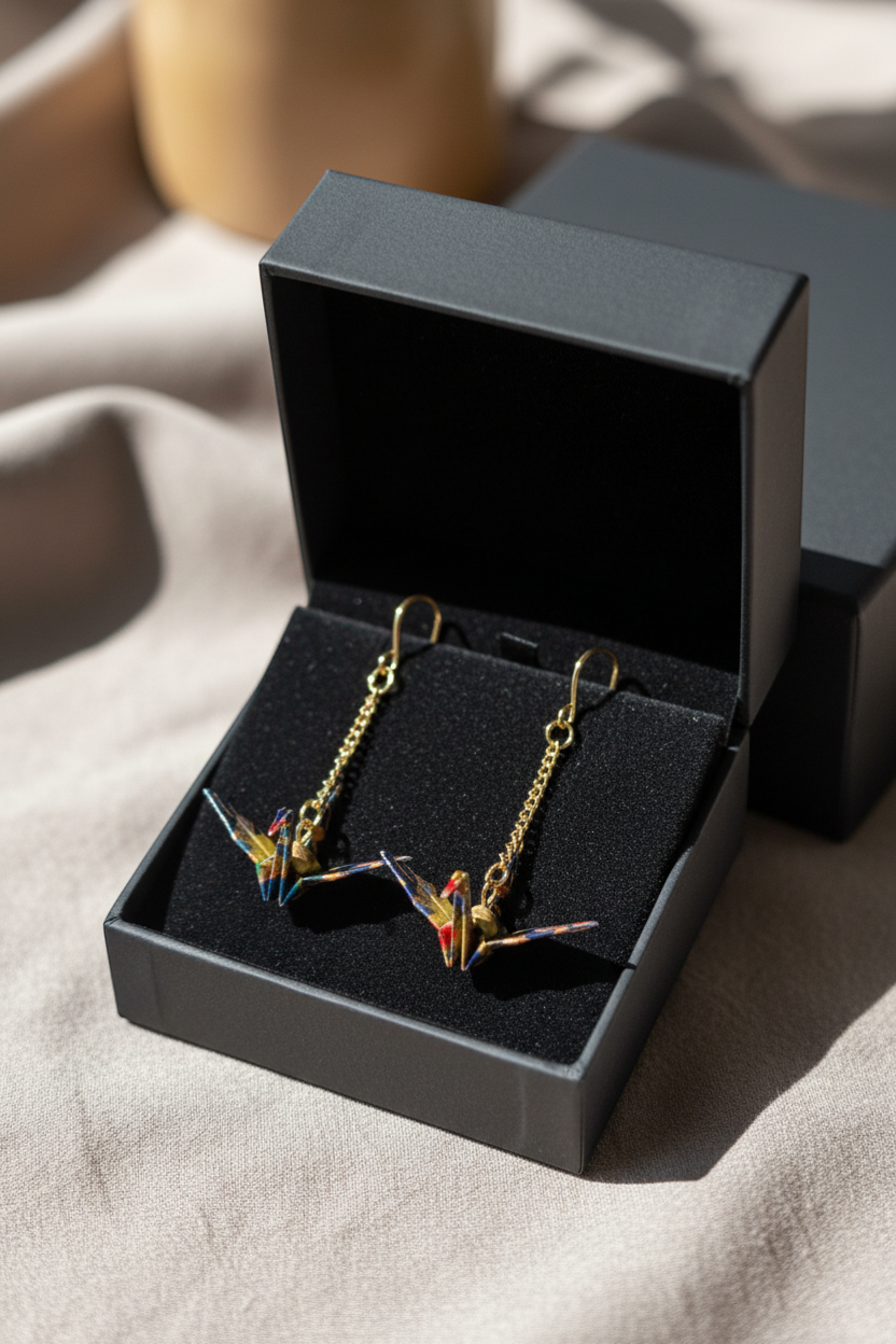 Origami Crane Drop Earrings – Handmade Japanese Washi Paper Jewelry