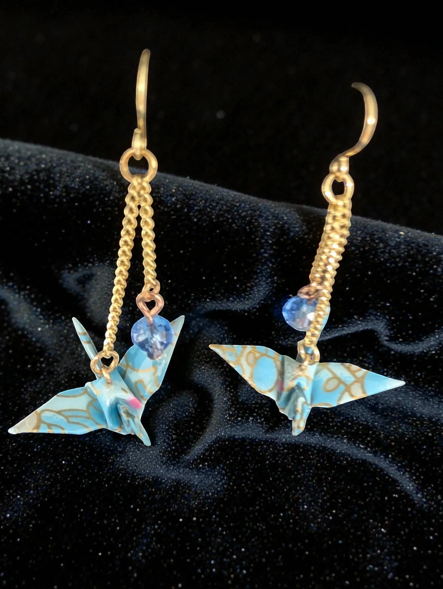 Handmade Blue Origami Crane Earrings with Gold Chain and Crystal Accents – Japanese Washi Paper Jewelry