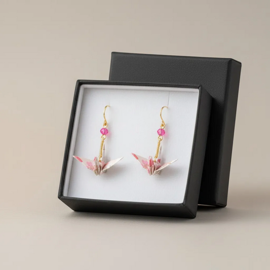 Washi Paper Origami Bird Earrings - Pink & Gold Japanese Crane Jewelry