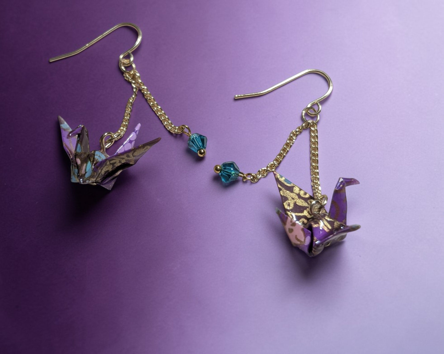 Purple and Teal Origami Crane Earrings - Resin Coated with Crystal Chain Accents
