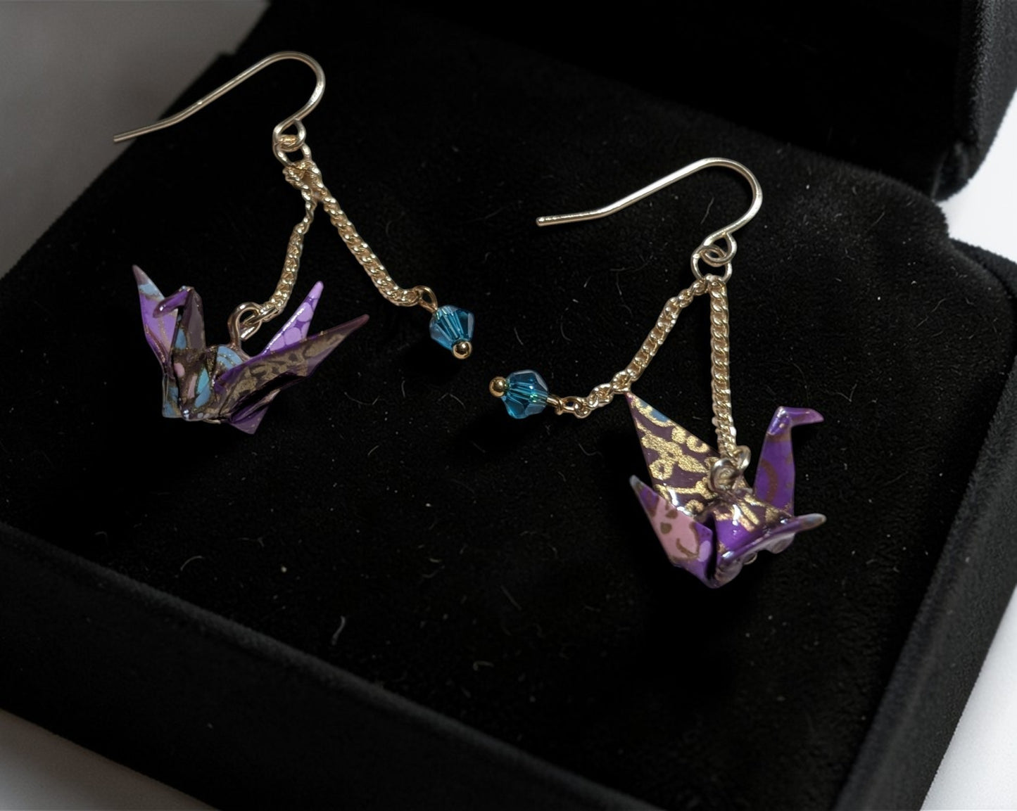 Purple and Teal Origami Crane Earrings - Resin Coated with Crystal Chain Accents