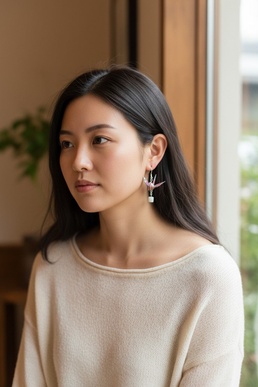 Garden Party Origami Crane Earrings - Resin Coated with Stone Accents