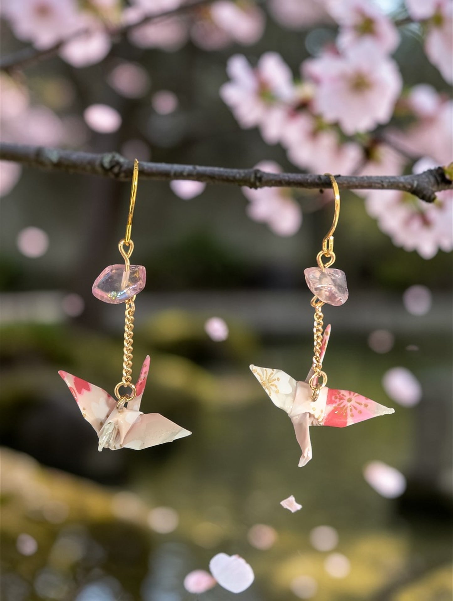 Handmade Origami Crane Earrings – Pink Floral Washi Paper with Rose Quartz Accents