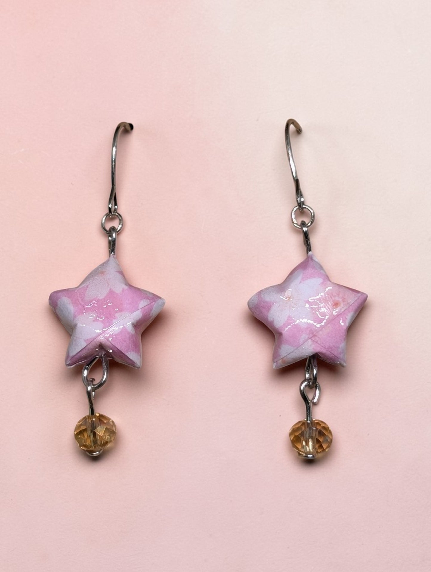 Touch of Spring with Pink Cherry Blossom Origami Star Earrings